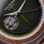 "Whisperwood" watch featuring a natural leaf design with koa wood accents.