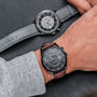 "Gmt Skywhirl" watch featuring a marble and black design with a sophisticated style.