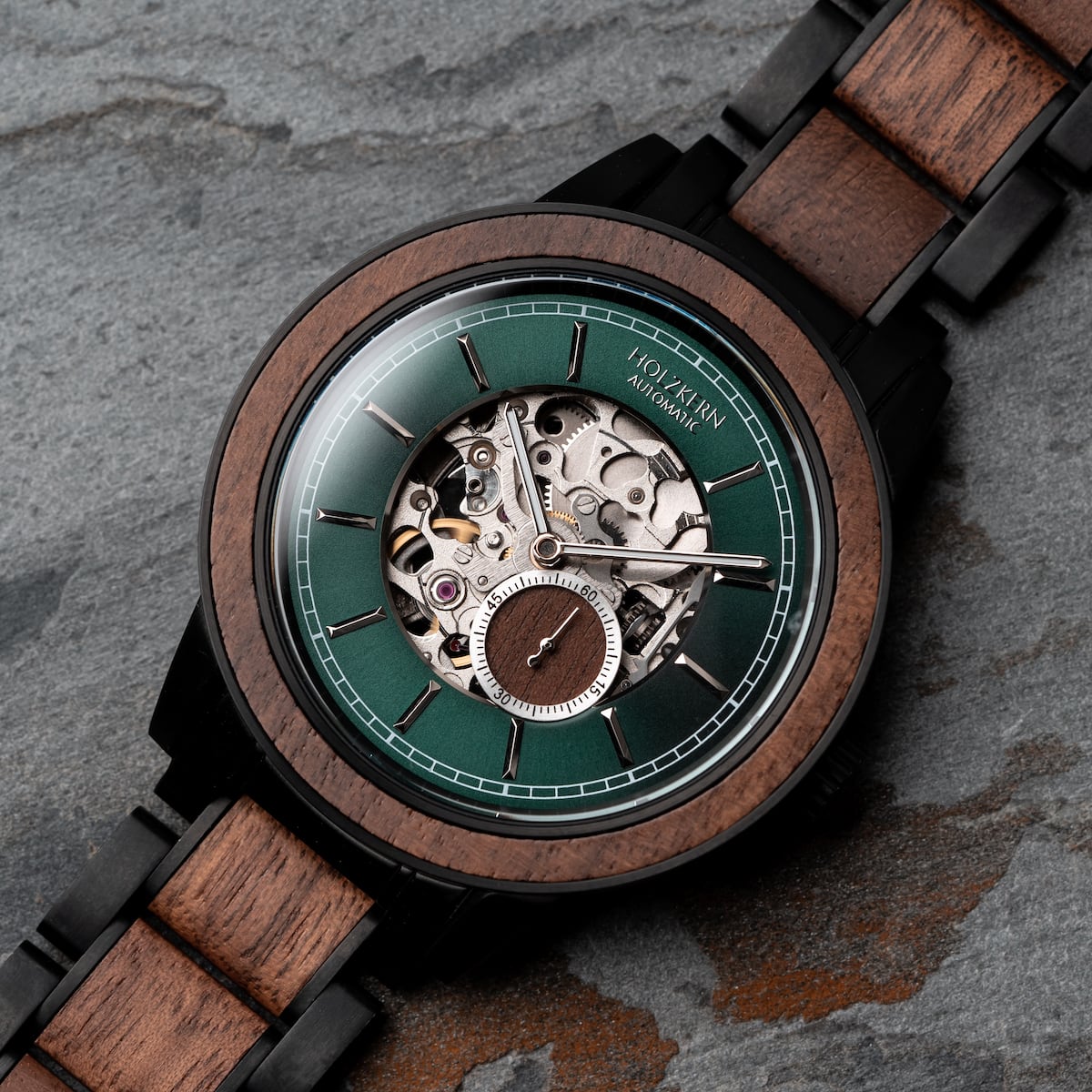 "Sigiriya" watch featuring a walnut wood bezel and intricate mechanical design.