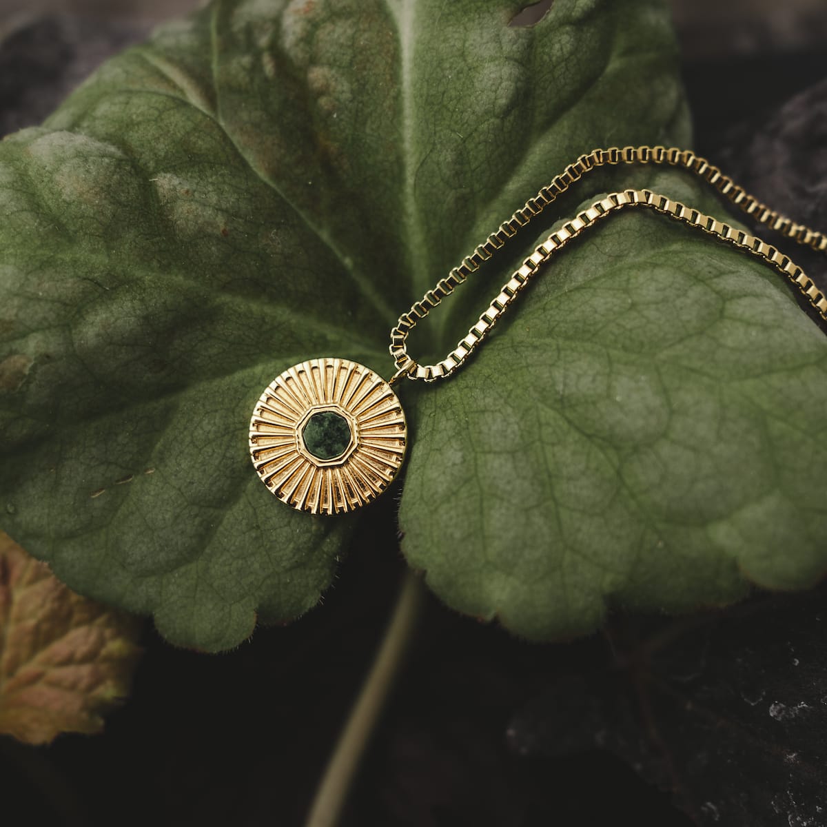 Stencil Necklace: A stylish marble and gold necklace with a radiant design on a leafy background.