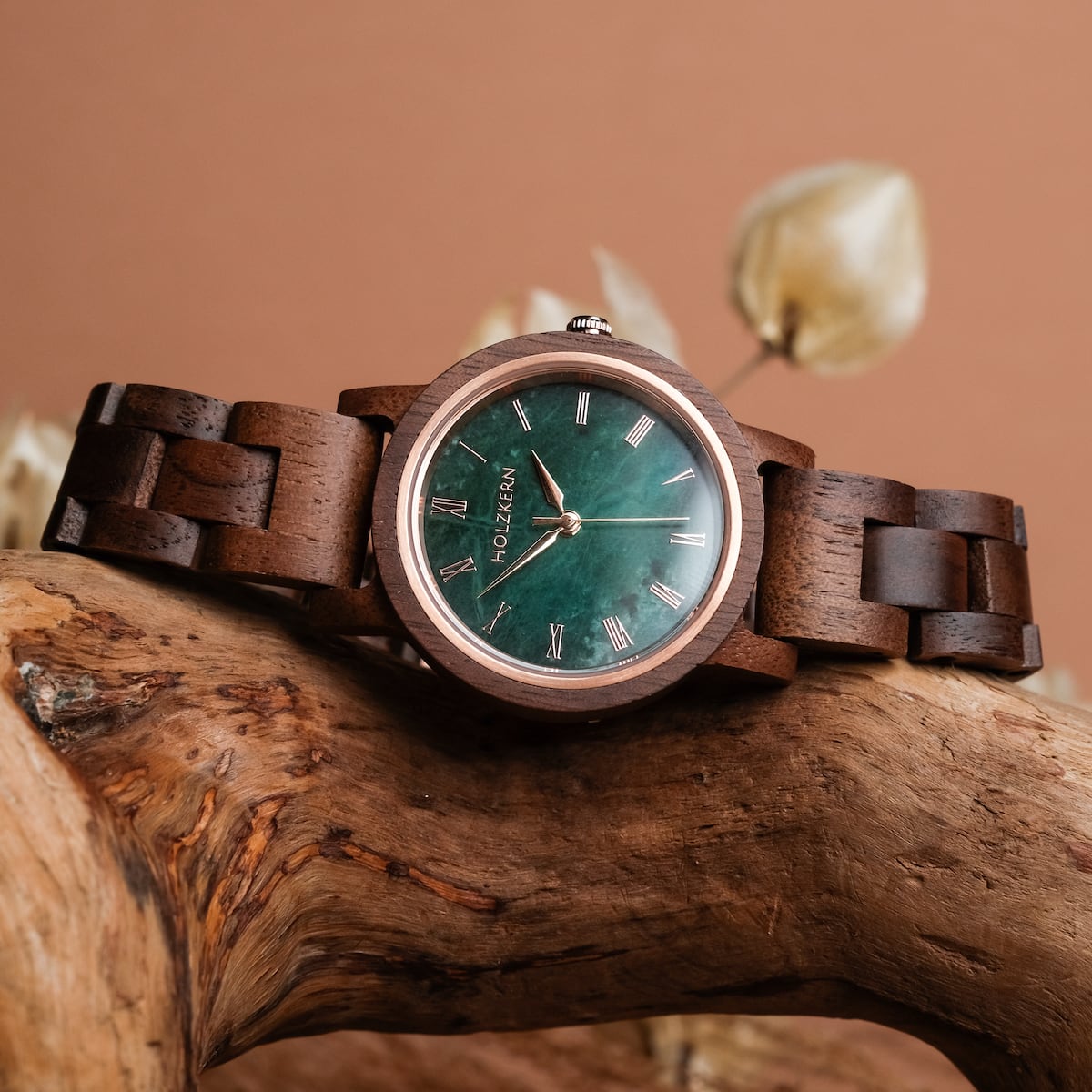 "Nymph" watch with a Walnut wooden band and marble-style face, exuding a natural and elegant aesthetic.