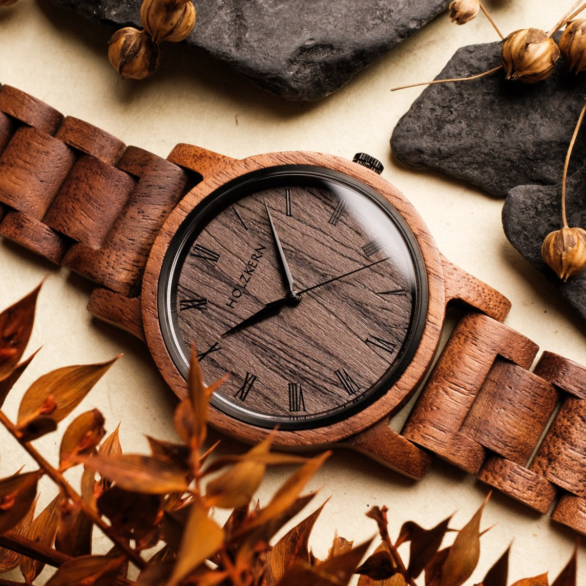 "Spring Evening" watch, featuring a rich wood texture and elegant design in Walnut and leadwood.