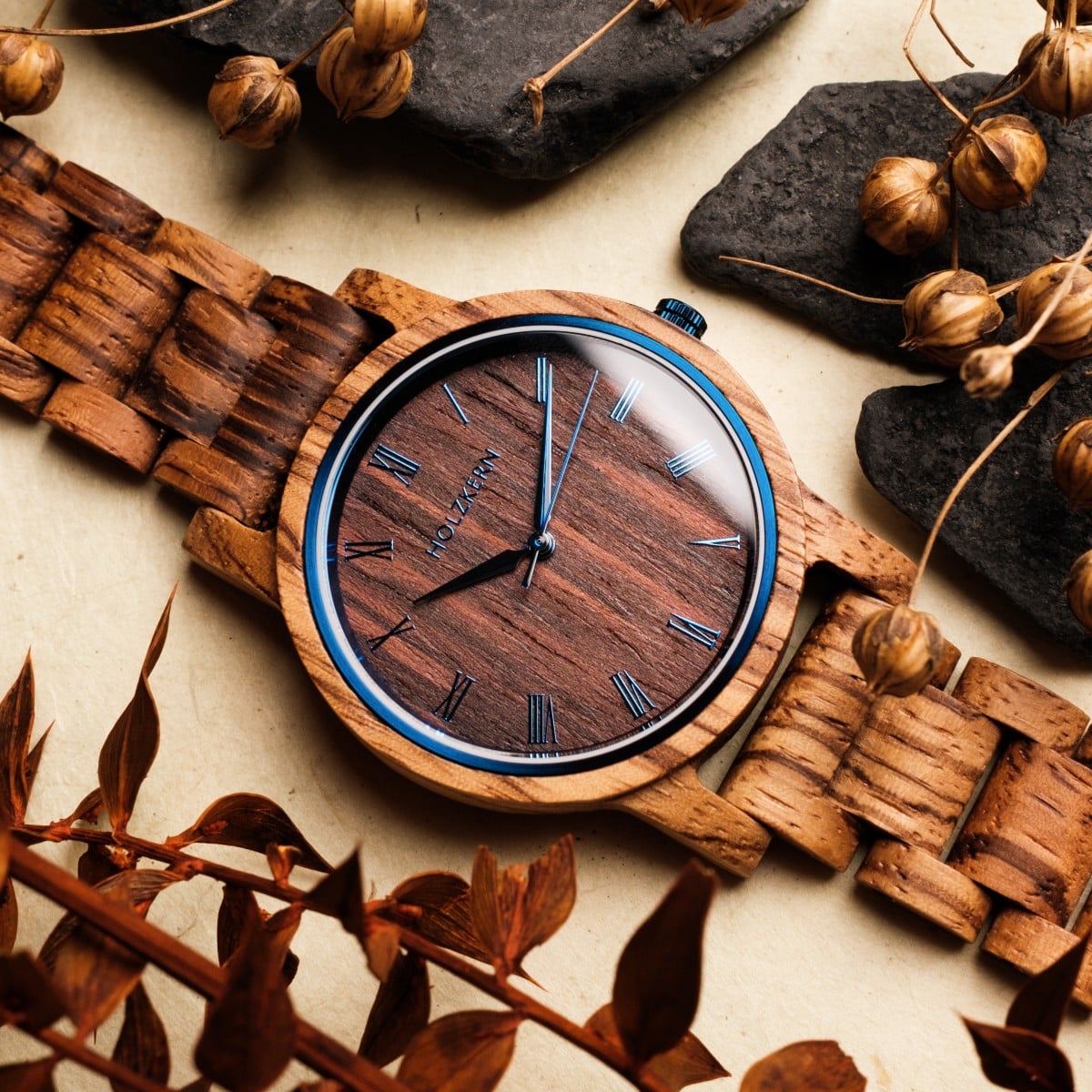 Fall Morning wooden watch, featuring a Zebrawood/Wenge design with a natural and rustic style.
