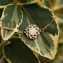 "Composition Gem Bracelet", a delicate bracelet featuring a moonstone encased in gold, displayed against lush green foliage.