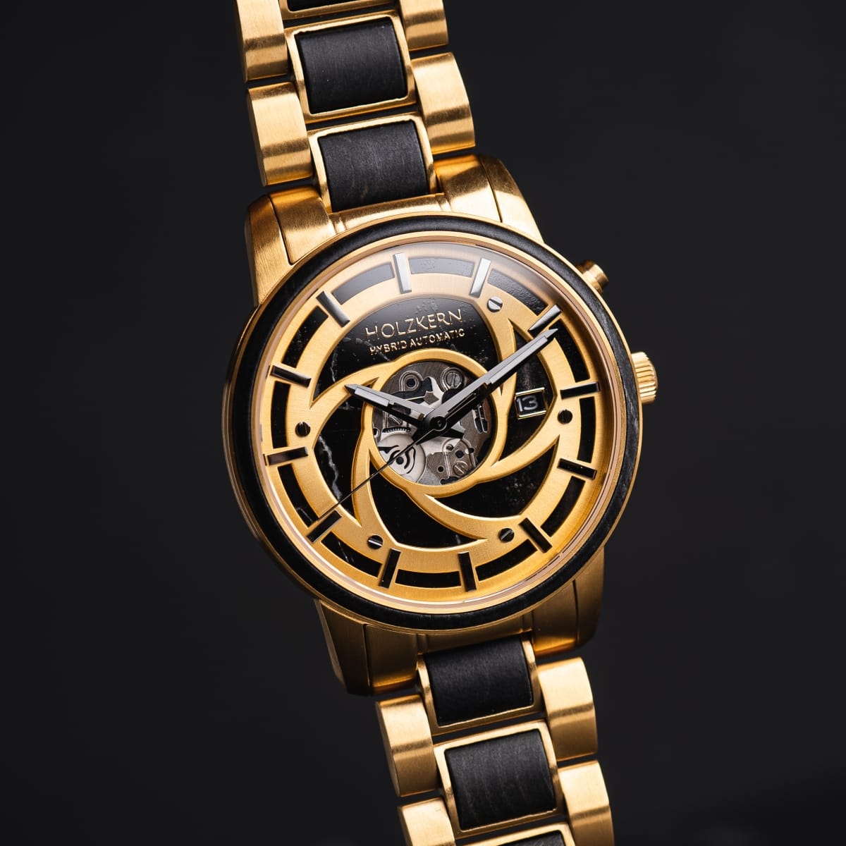 "Cyclonic" watch featuring maple and marble accents with a bold, intricate design.