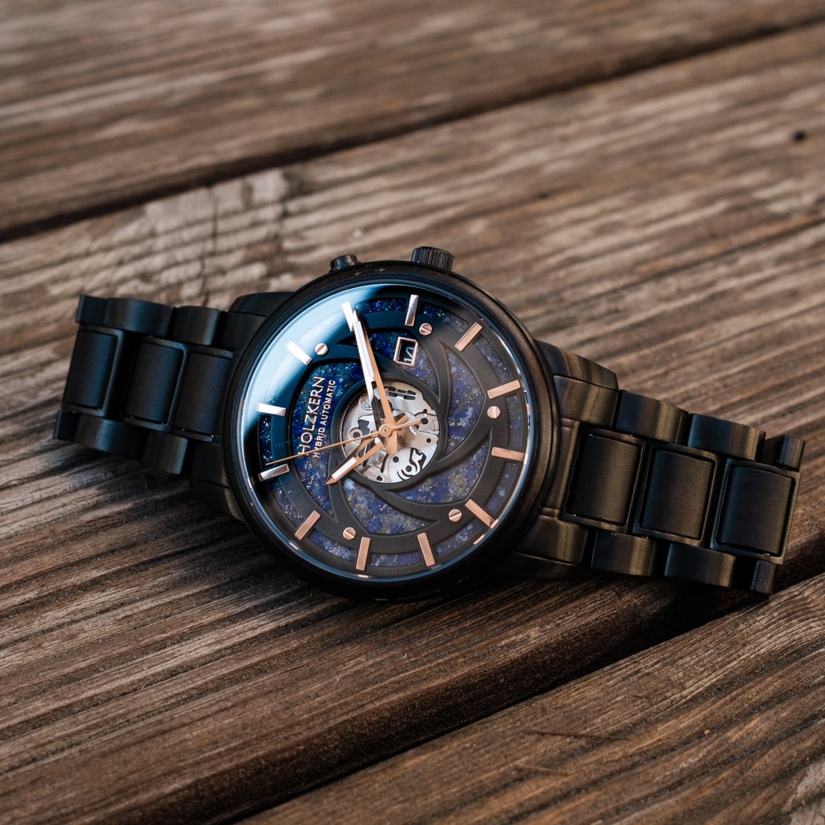 "Seaburst" watch, featuring a sleek design with a Maple and Lapis Lazuli style.