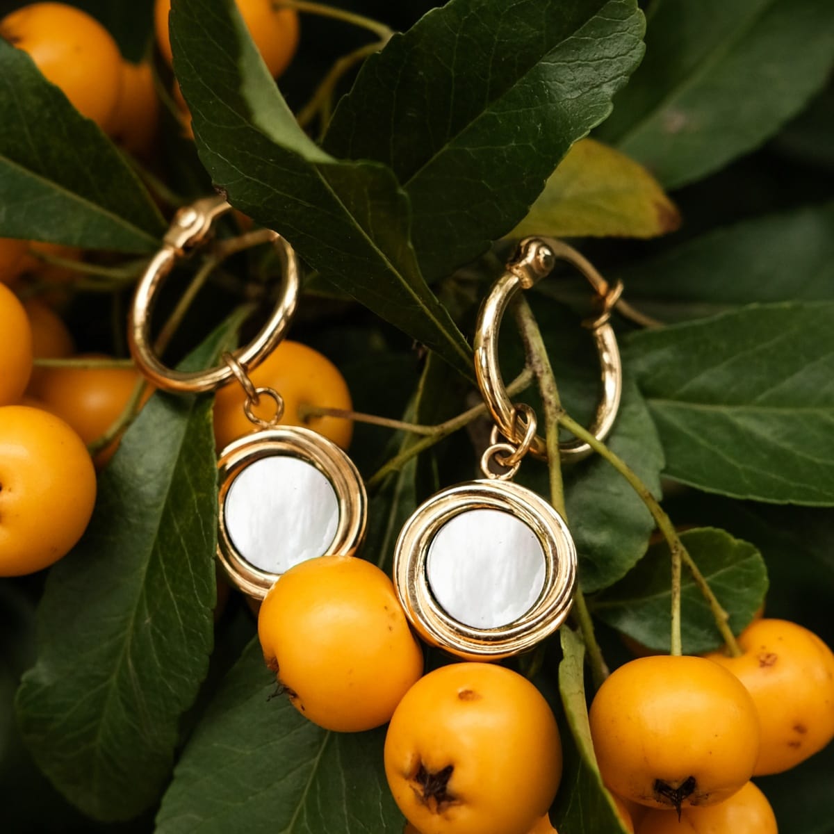 "Zendala Earrings": Elegant earrings with white nacre and gold accents, set against vibrant foliage and orange berries.