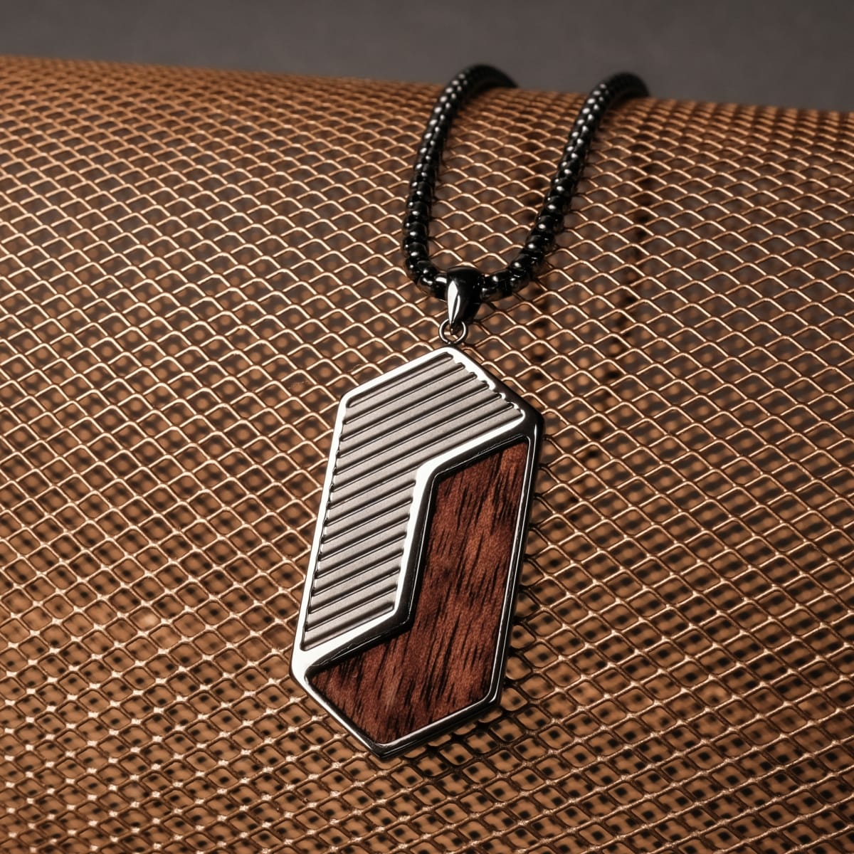 "Zigzag Necklace", a stylish necklace with a zigzag design in Walnut and dark gray tones.