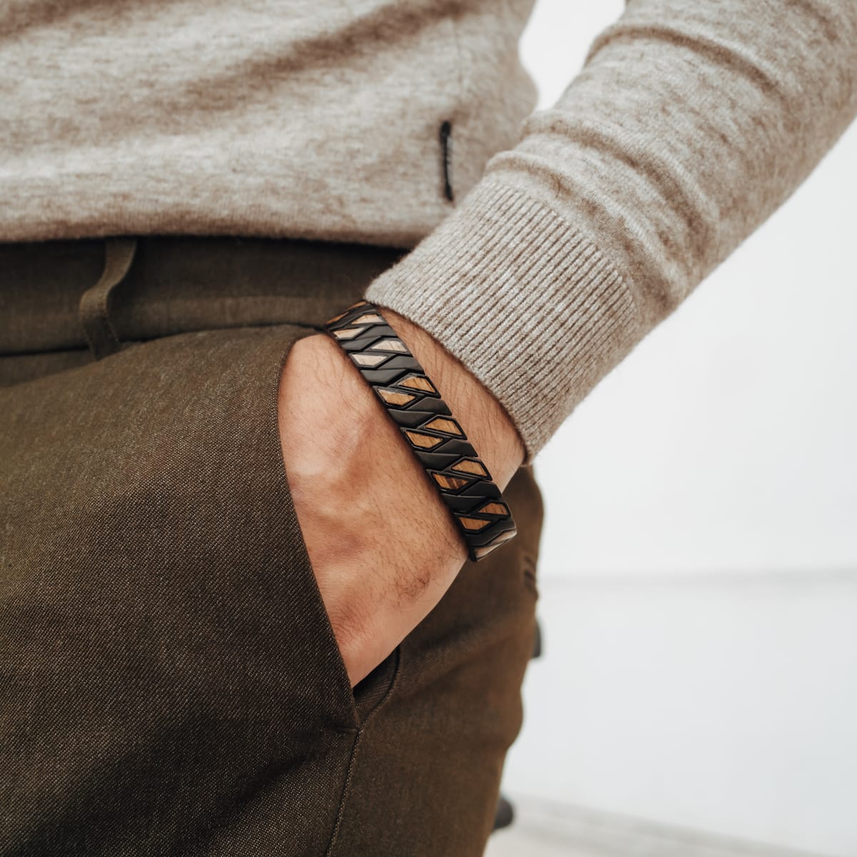 "Baritone" bracelet featuring zebrawood and black accents in a stylish design.