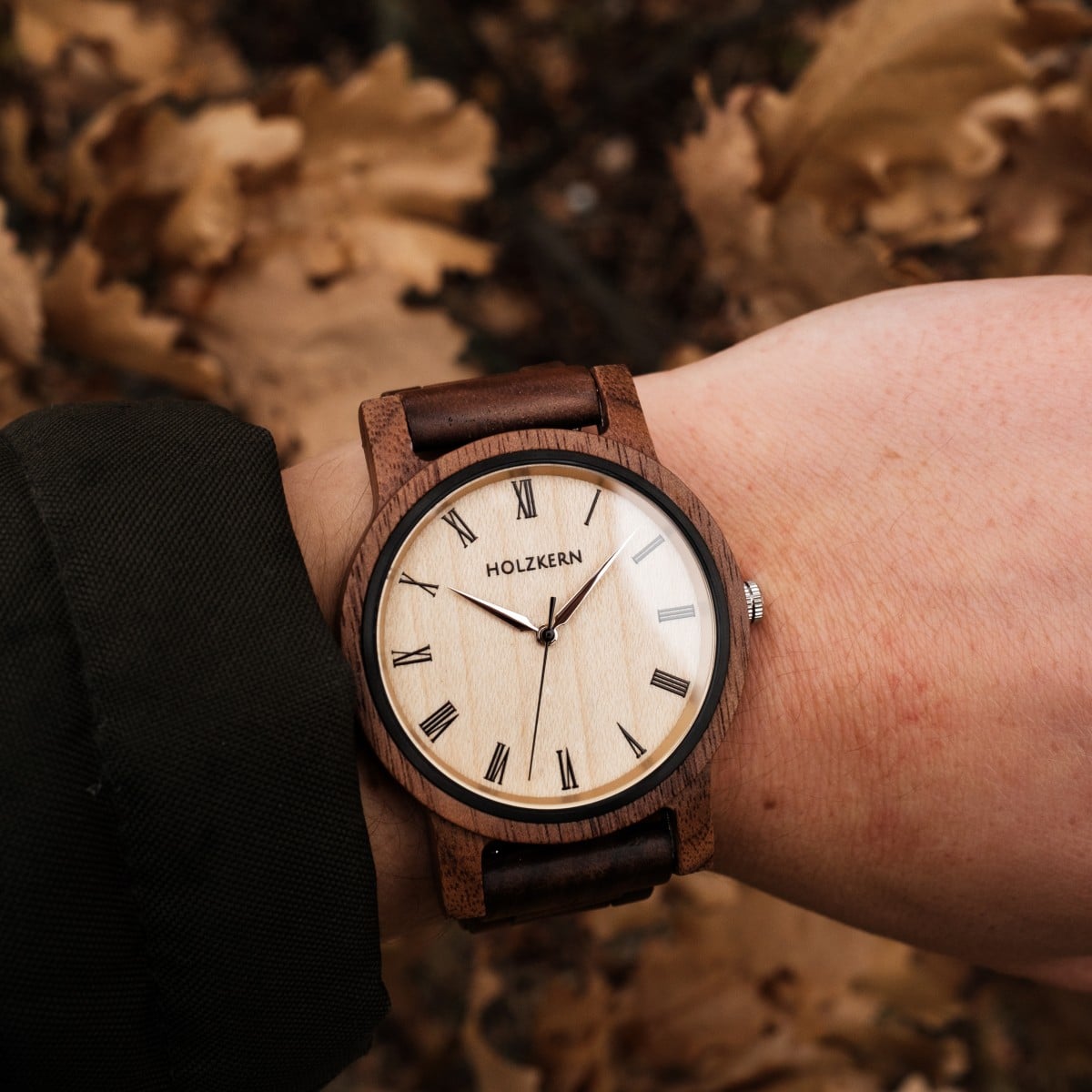 "Fall Dusk" watch, featuring a walnut and maple design with a classic, nature-inspired aesthetic.