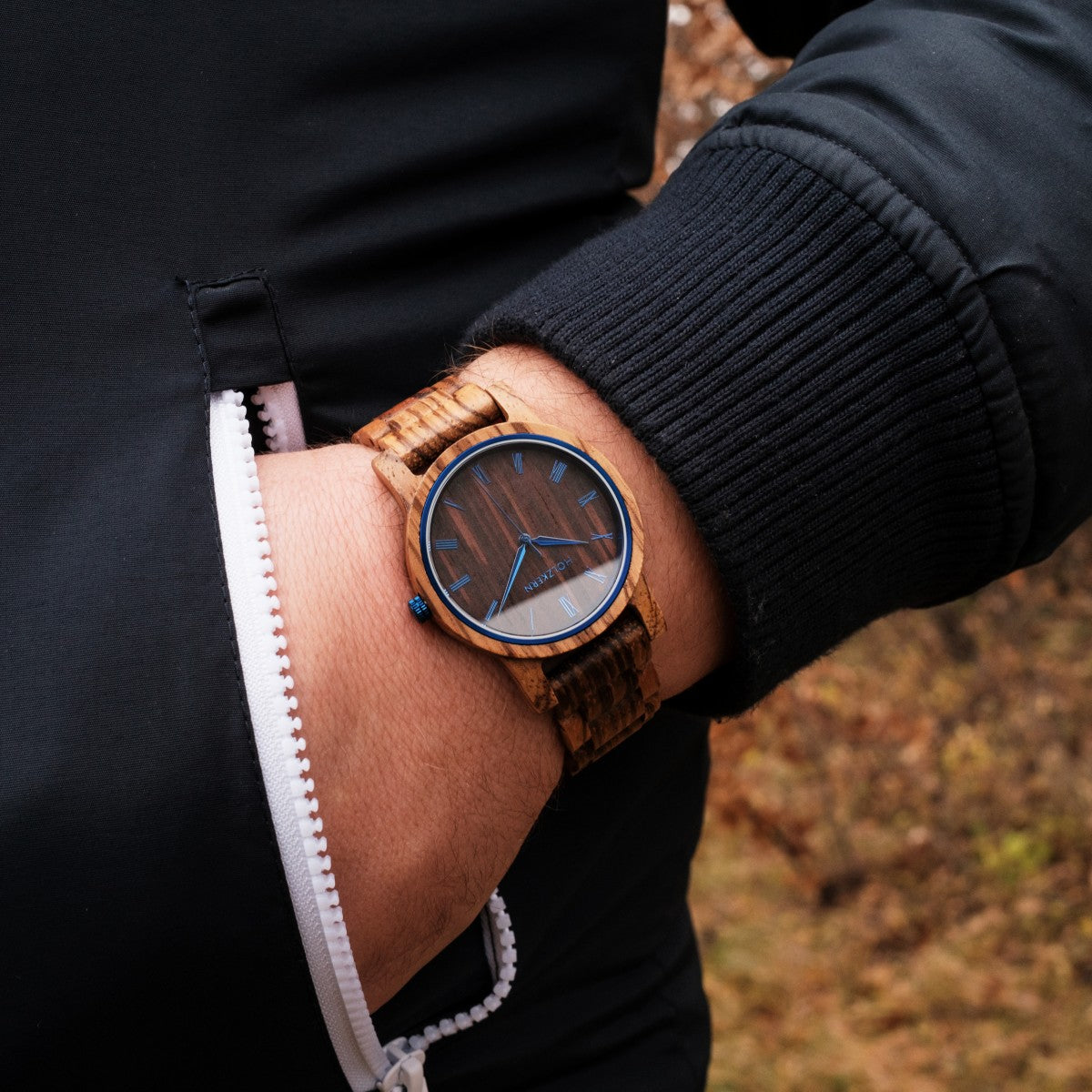 "Fall Morning" watch with zebrawood and wenge, showcasing a rustic and elegant style.