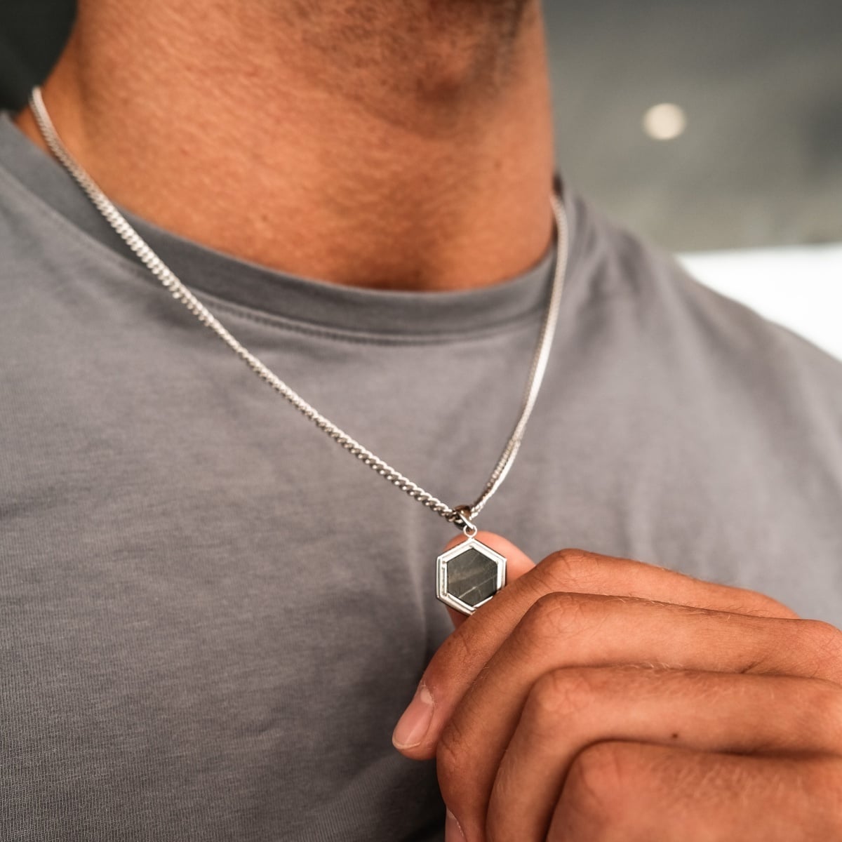 "Axis Necklace": a modern hexagonal pendant necklace in marble and silver style.