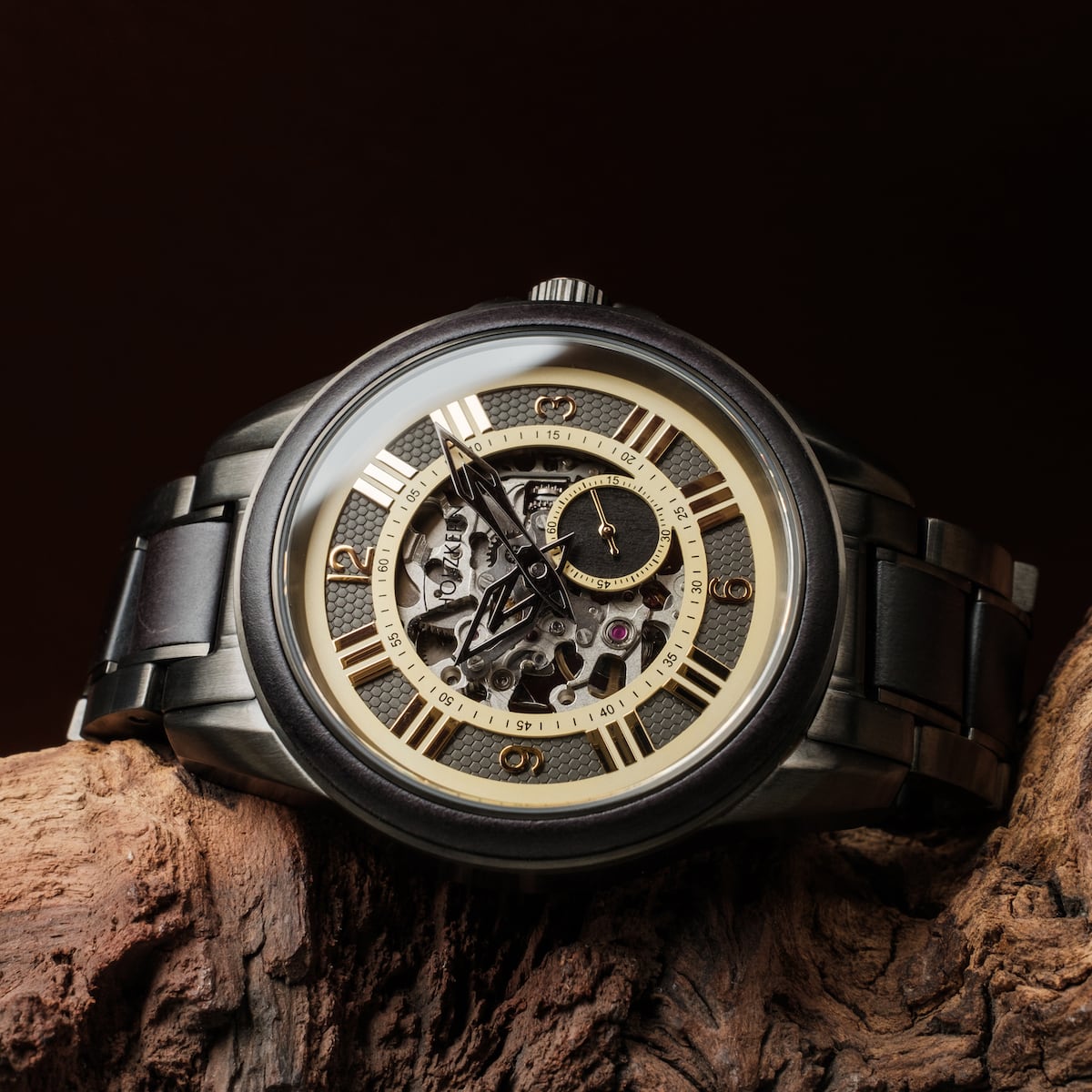 "Navona" watch with intricate dial design and metal bracelet, showcasing a sophisticated style.