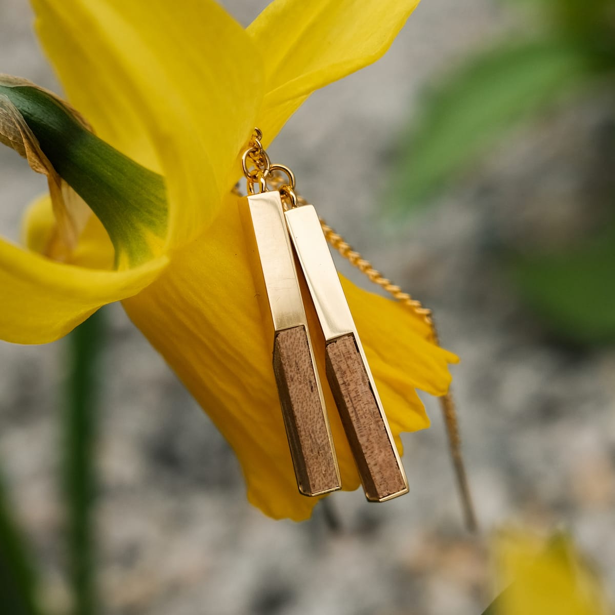 "Campania Earrings" earrings featuring a sleek koa wood and gold design, elegantly displayed against a vibrant yellow flower backdrop.