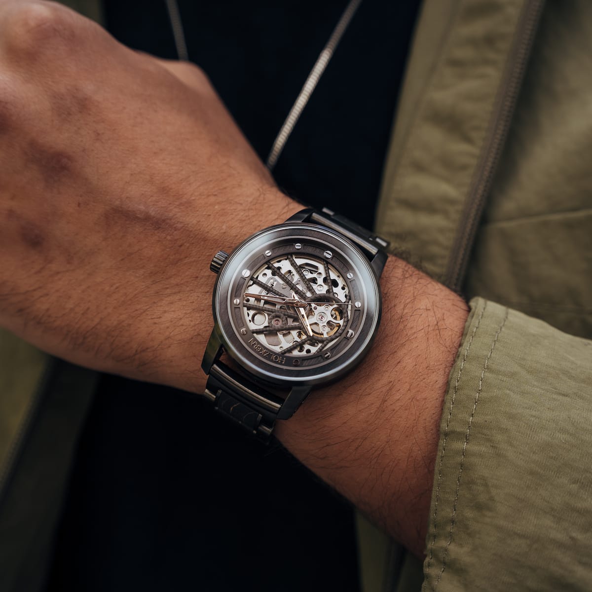 Carbon Watch featuring an intricate skeleton design with gray maple and dark gray accents.