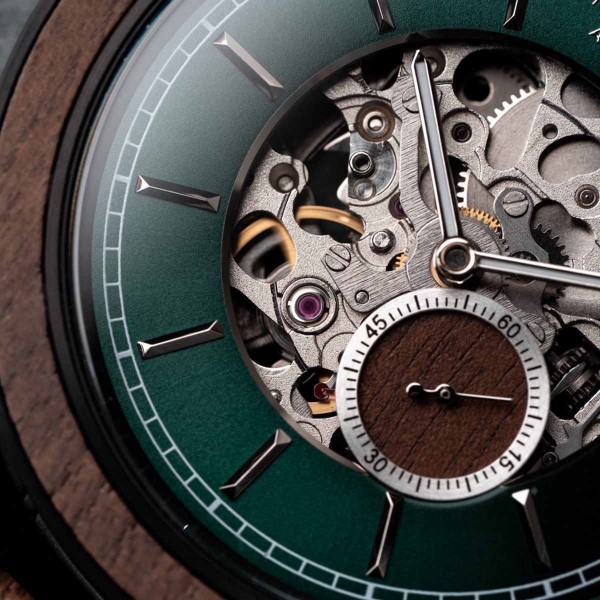 "Sigiriya" watch featuring a walnut face and intricate mechanical design.