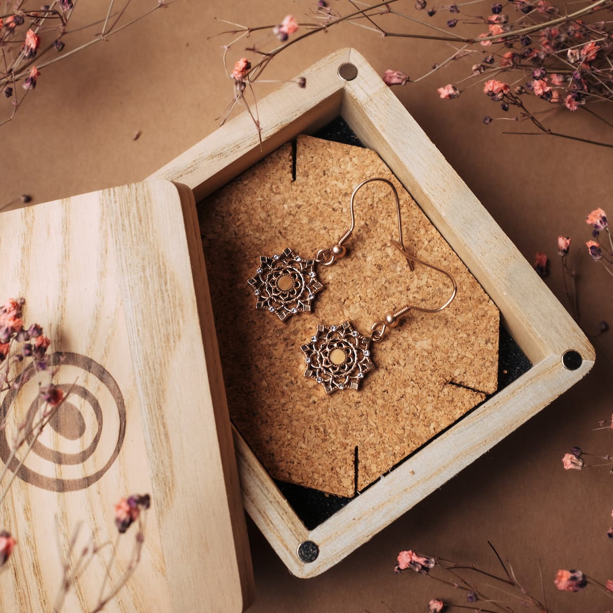 "Aphonia Earrings" earrings in olive and rose gold, featuring intricate floral design in an elegant wooden box.