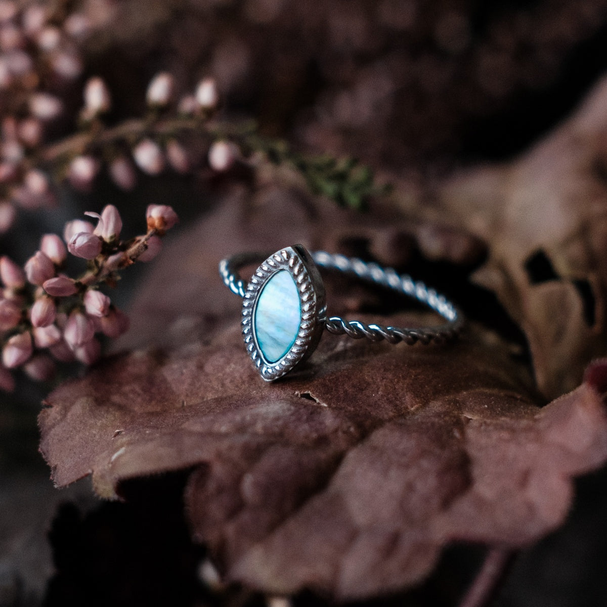 "Visual Ring" ring featuring nacre and silver, showcasing an elegant and natural design.