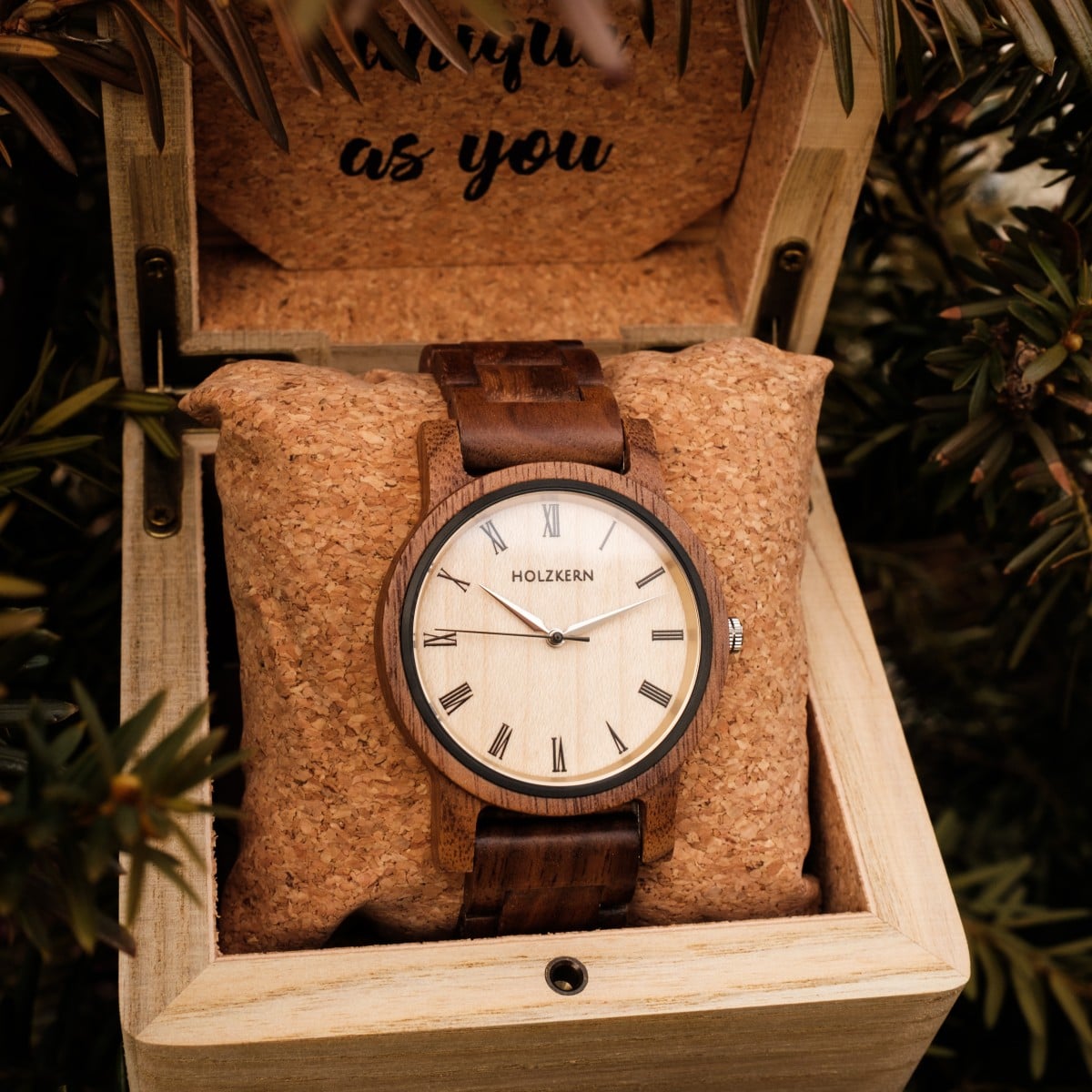 "Fall Dusk" watch featuring a walnut and maple design, displayed elegantly in a wooden box with a rustic aesthetic.