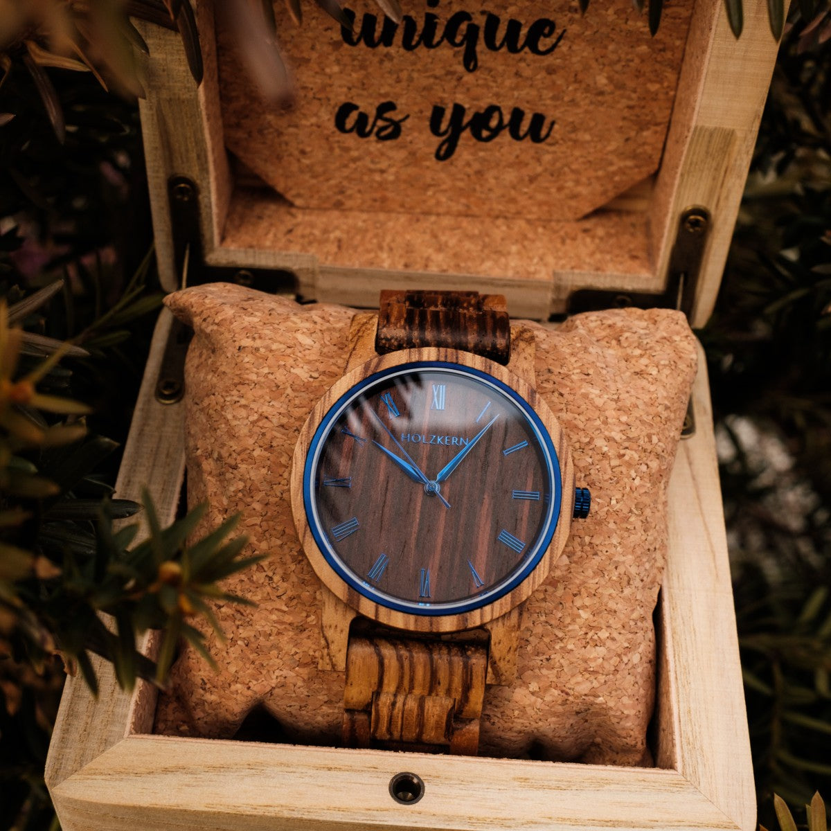 "Fall Morning" watch, featuring a natural zebrawood and wenge design, presented in a rustic wooden box.