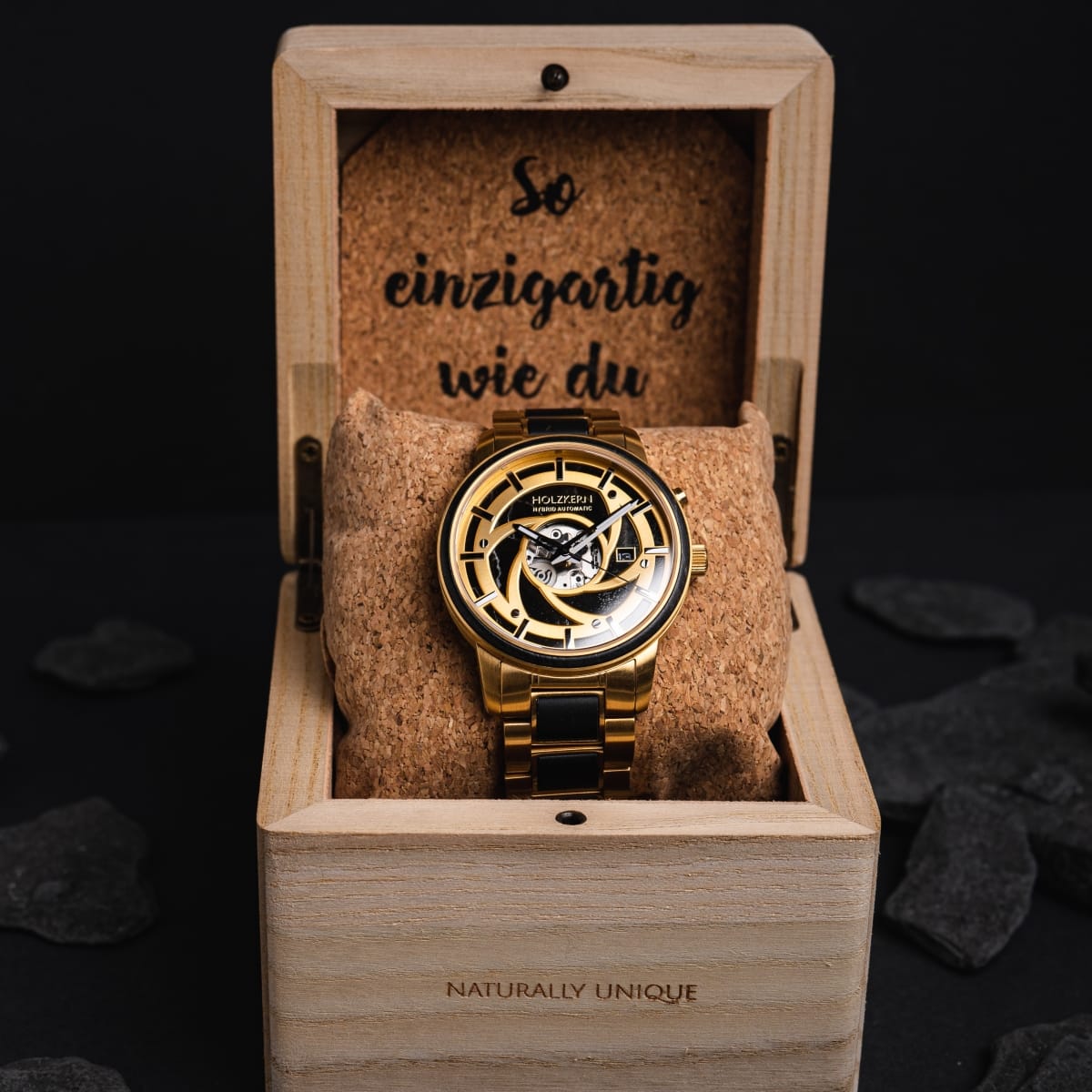 "Cyclonic" watch with a maple and marble finish, elegantly displayed in a wooden box.