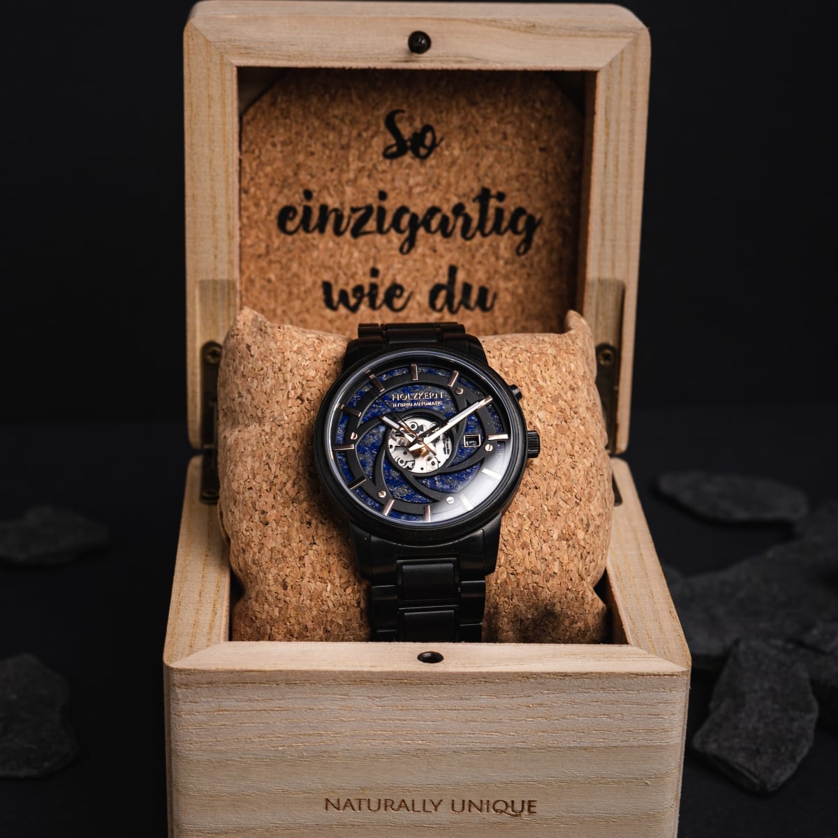 "Seaburst" watch with Maple and Lapis Lazuli detailing in an elegant, natural wood box.