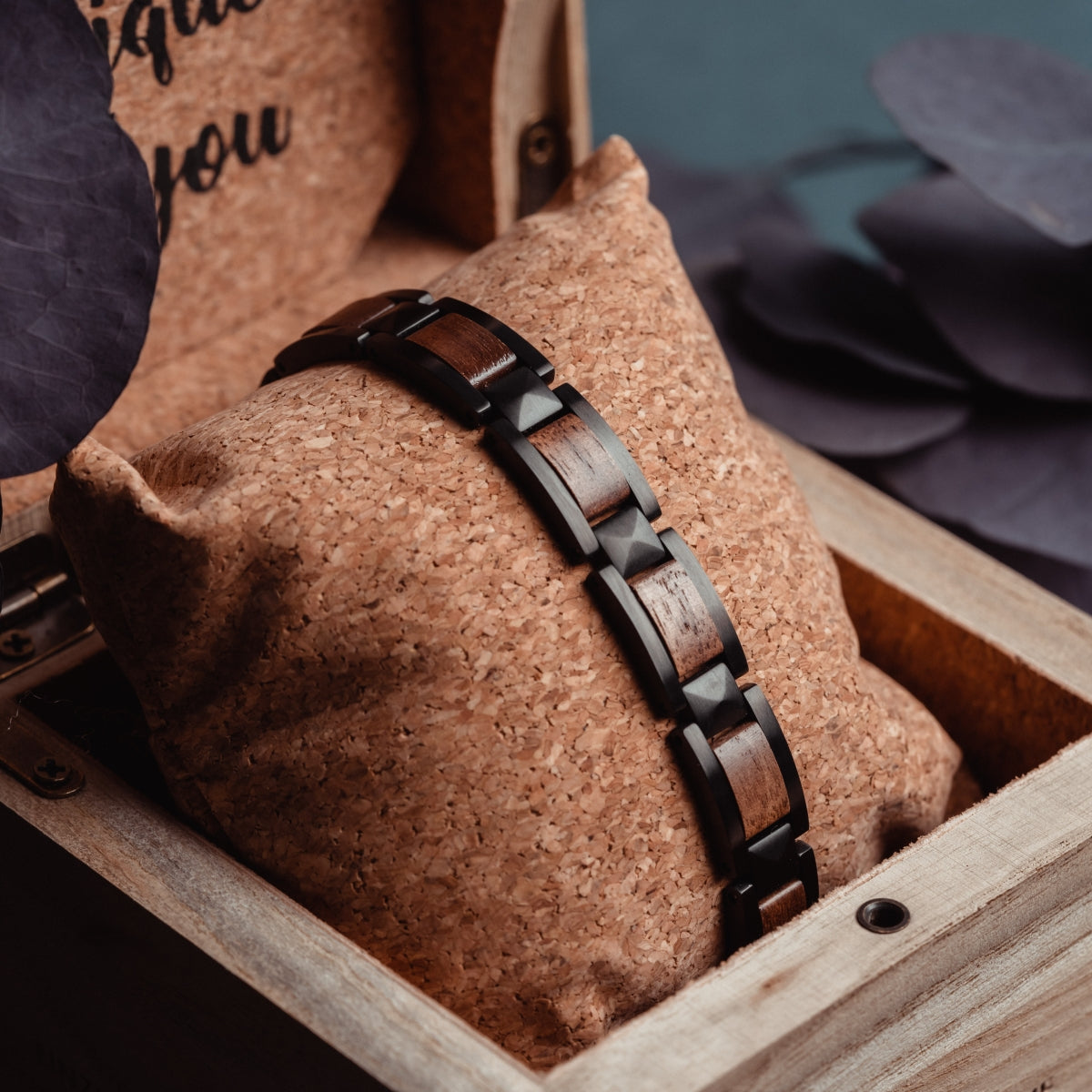 "Rhapsody" Bracelet, featuring a Walnut and Black design, showcased in an elegant wooden box.
