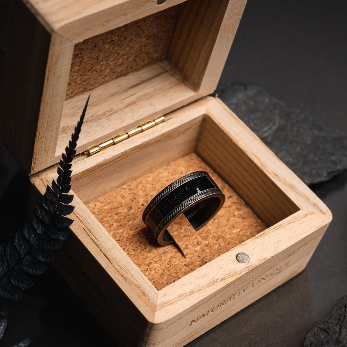 "Countless Ring" ring with maple and antique silver finish, presented in a rustic wooden box.