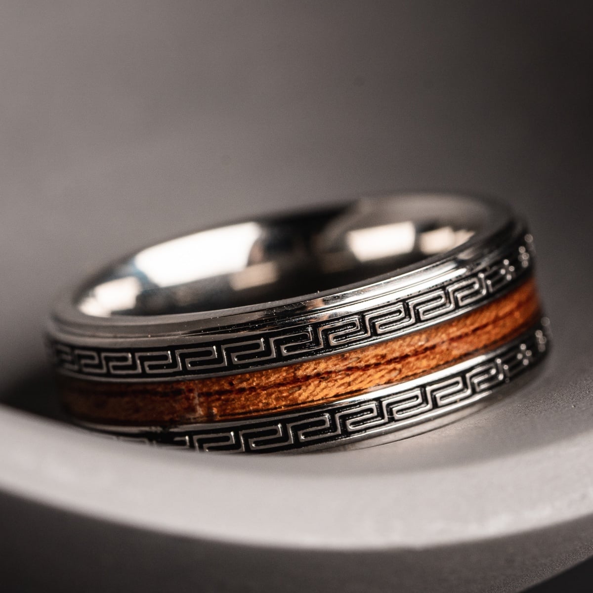 "Numerary Ring" - Elegant mixed-material ring with koa wood and silver accents in a modern design.