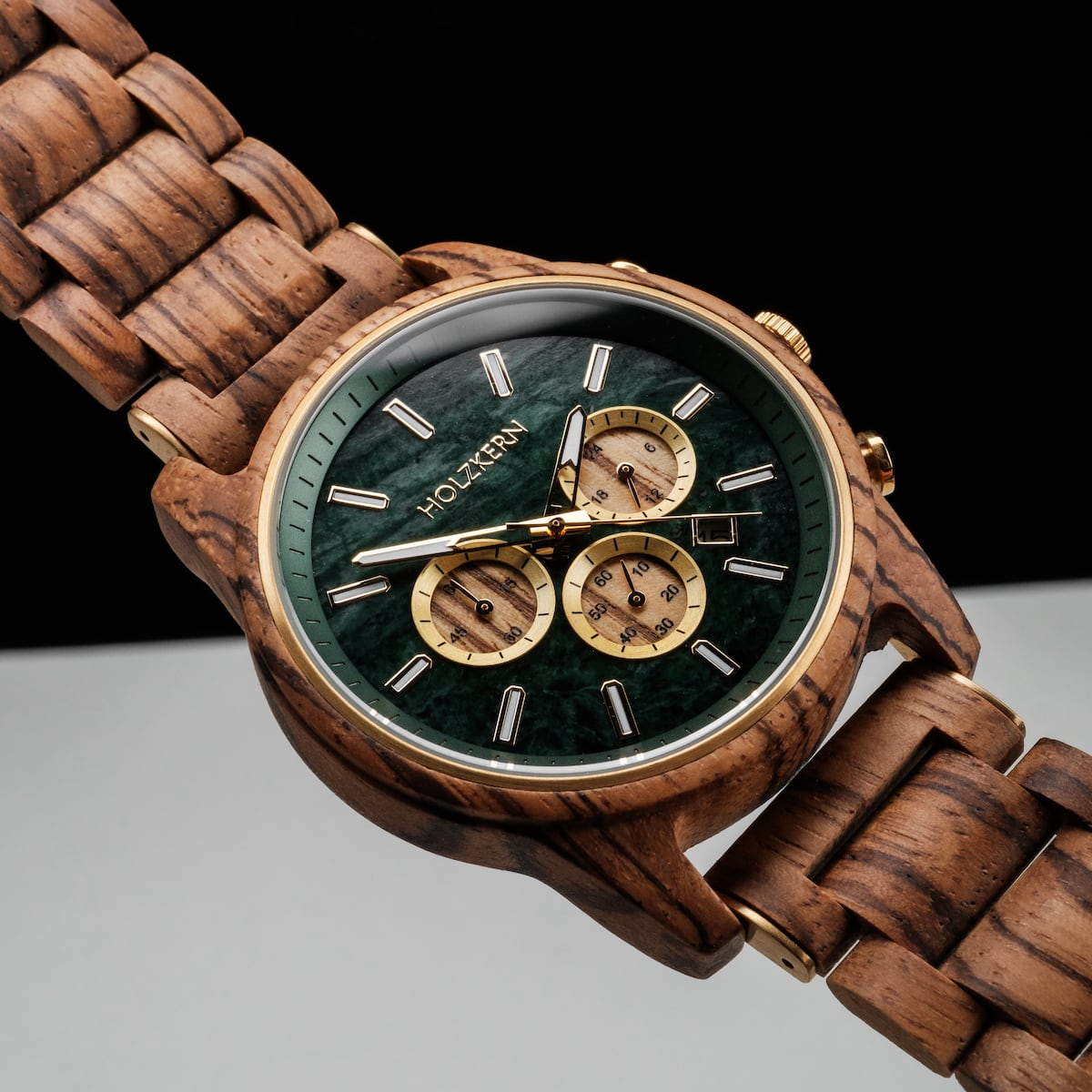 "Canopy" watch with a Zebrawood finish and marble dial, featuring a rich and elegant design.