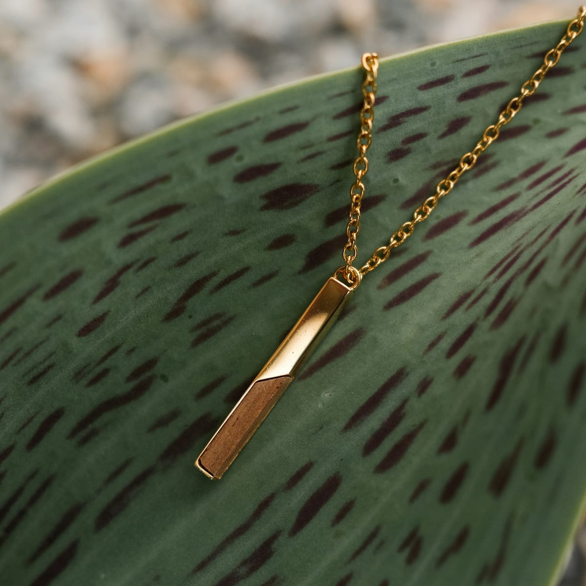 "Campania Necklace" necklace, featuring a sleek gold and koa wood bar pendant, displayed on a natural leaf background.