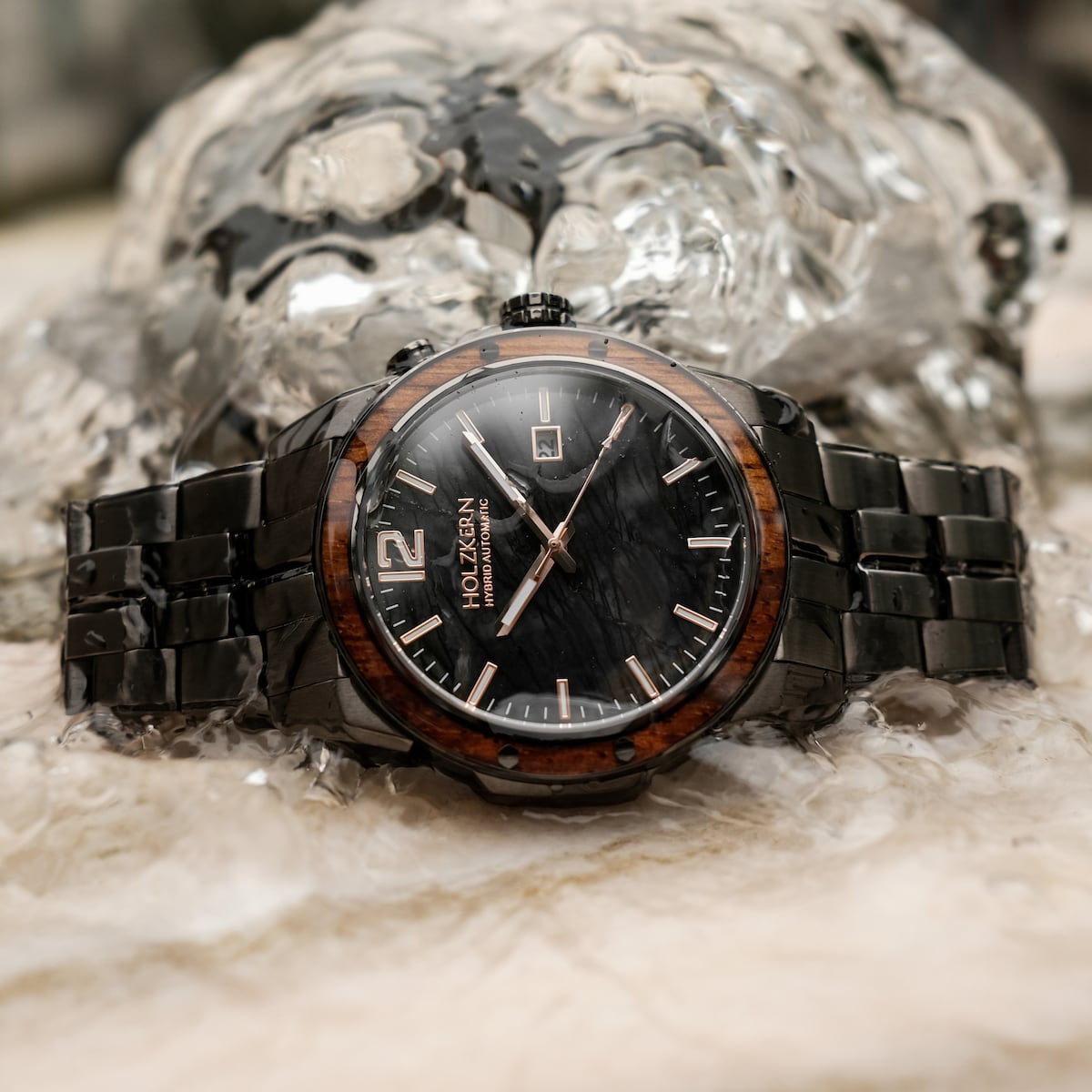 "Frostheave" watch, featuring a marble and zebrawood design with an elegant and modern aesthetic.