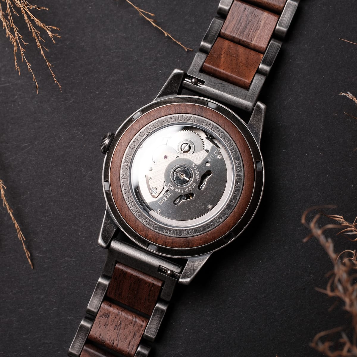"Alrakis" watch featuring a Walnut and Marble design with intricate detailing.