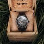 "Morasko" watch featuring a maple and dark gray design in an elegant wooden box.