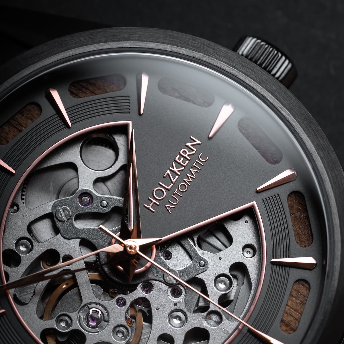 "Tenoumer" watch with detailed Koa wood and dark gray accents.
