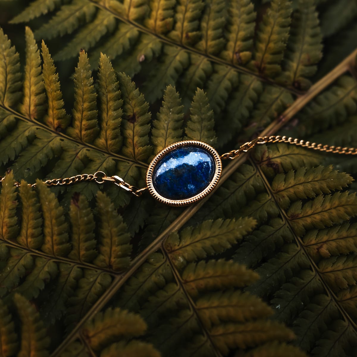 "Mirror Bracelet": Elegant bracelet featuring a gold and lapis lazuli design, resting on vibrant green fern leaves.