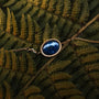 "Mirror Bracelet": Elegant bracelet featuring a gold and lapis lazuli design, resting on vibrant green fern leaves.