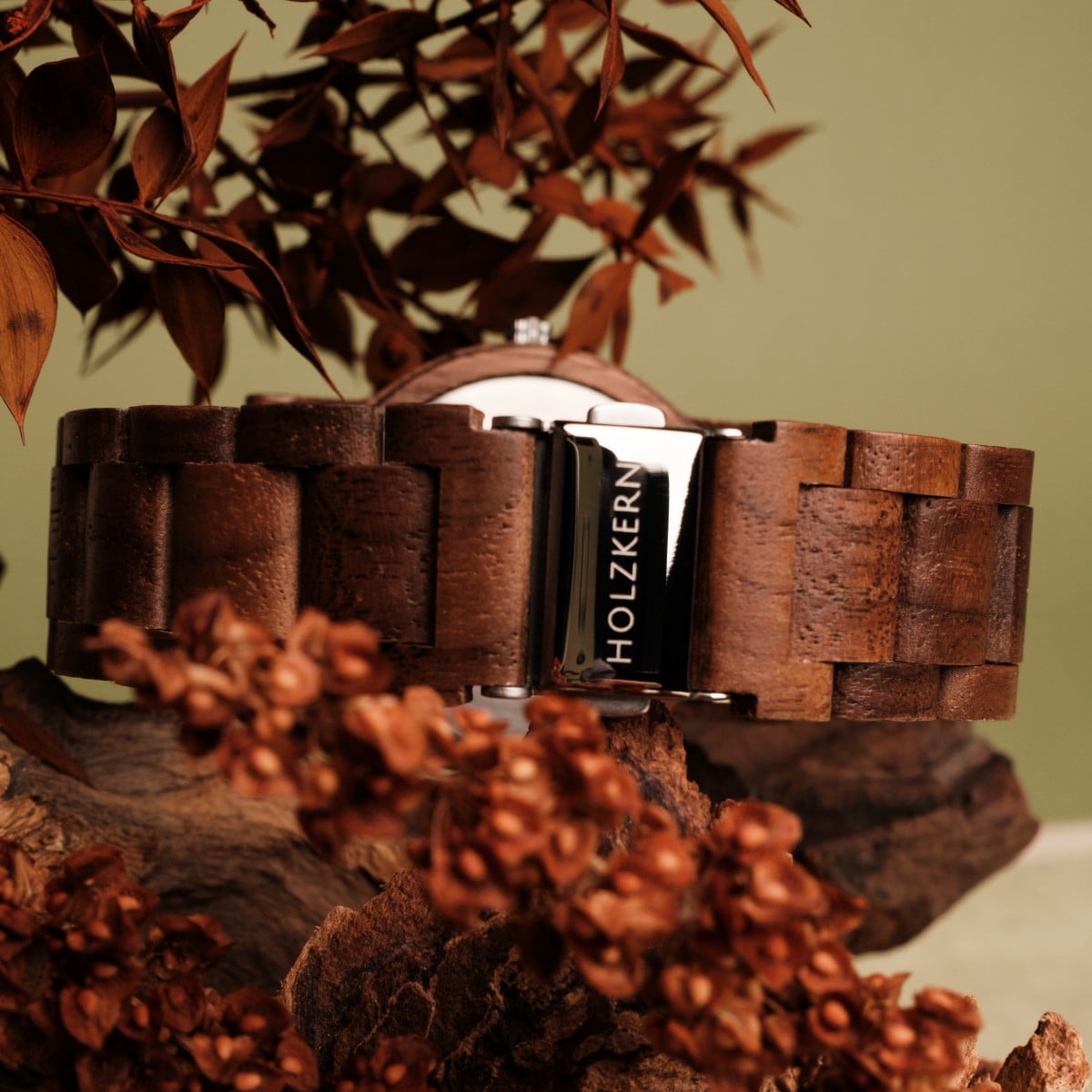 "Fall Dusk" watch features a natural walnut and maple bracelet with a rustic, earthy design.