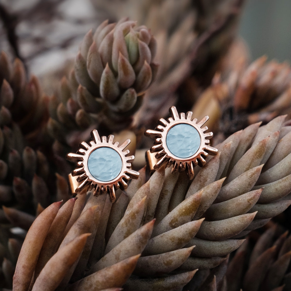 Shade Earrings, elegant earrings featuring blue nacre and rose gold in a sunburst design.