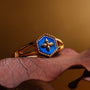 "Spectral Ring" ring featuring a blue nacre and gold design resting elegantly on a leaf backdrop.