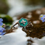 "Spectral Ring" - a silver ring with nacre detail, styled elegantly in a nature setting.