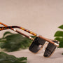 "The Talisman" sunglasses featuring a walnut and matte gold design with a stylish and elegant visual appeal.