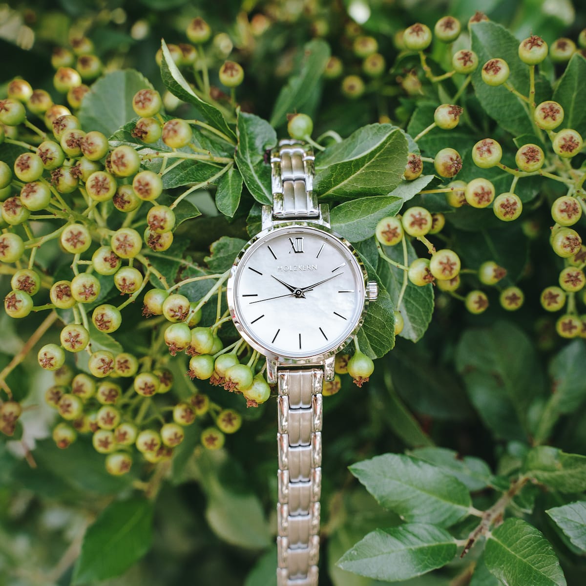 "Skadi" watch in nacre and silver, featuring a sleek, polished design against a backdrop of lush green leaves.
