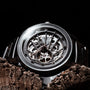 "Carbon" watch, featuring a Gray Maple and Dark Gray design with an intricate, mechanical aesthetic.