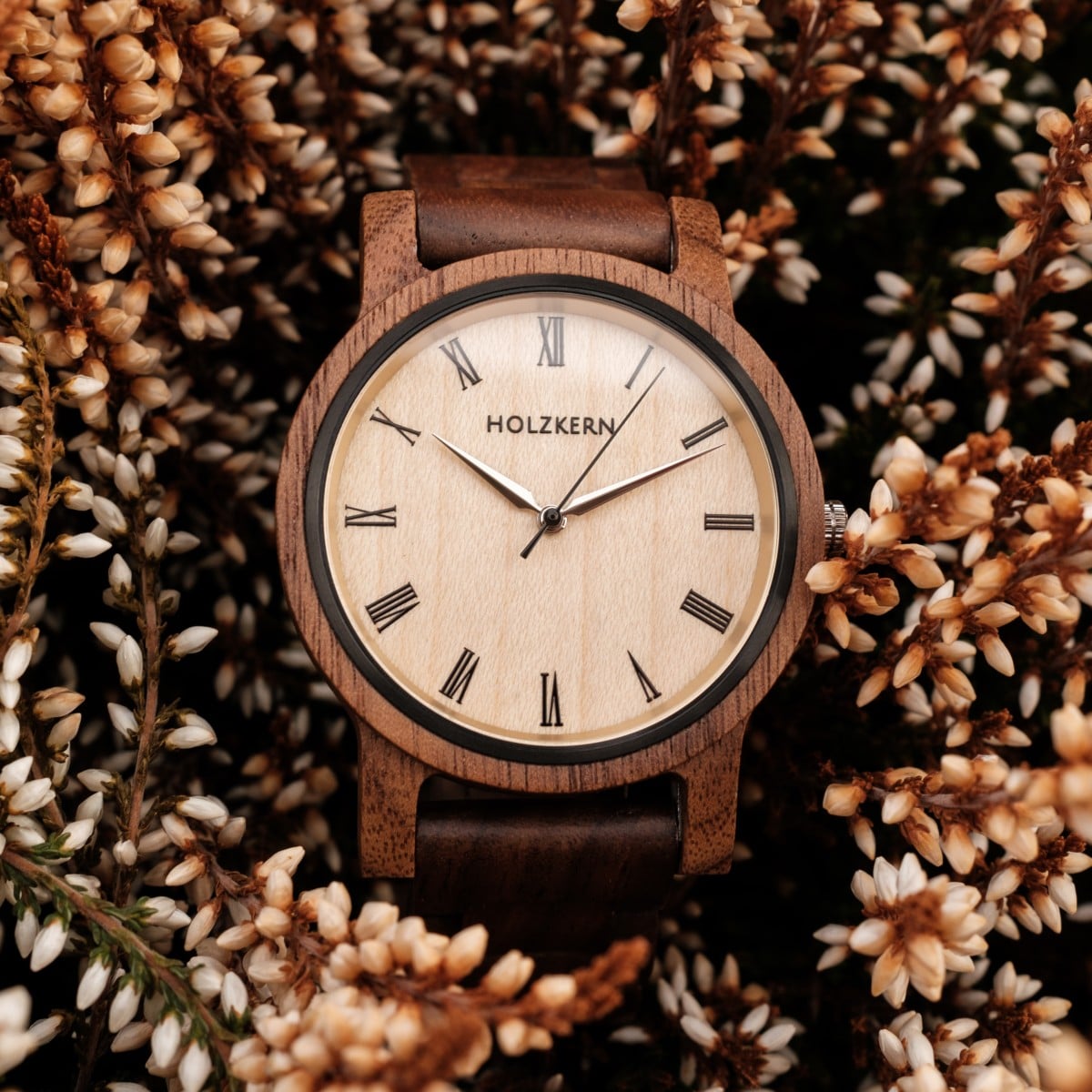 "Fall Dusk" watch showcases a walnut and maple design with a nature-inspired, elegant style.