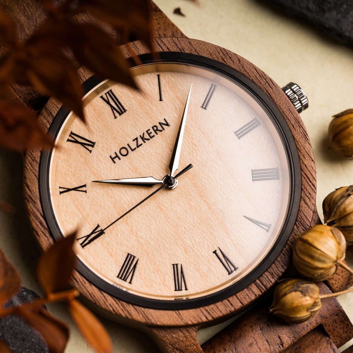 "Fall Dusk" watch featuring a walnut and maple design with minimalist Roman numerals.