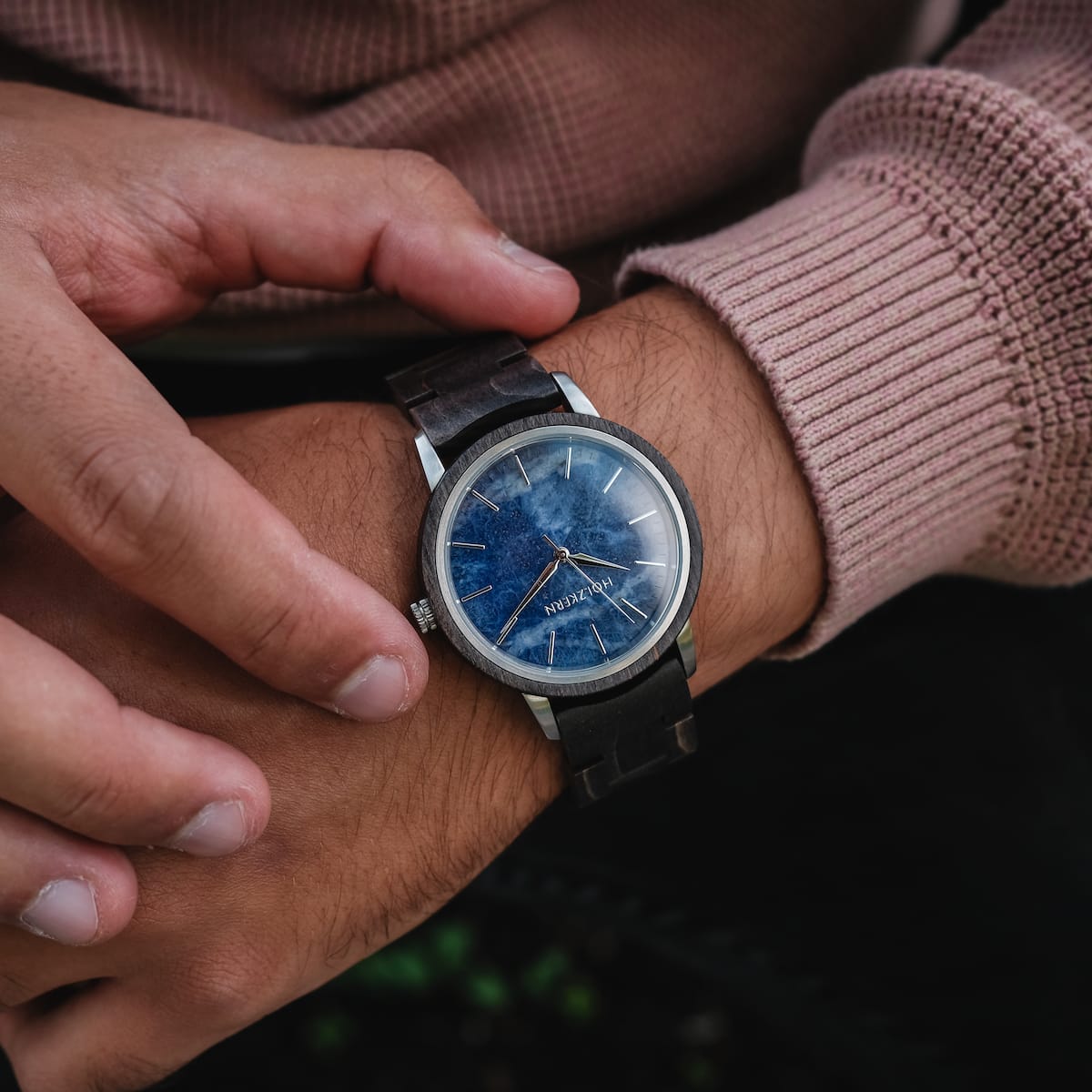 "Immanuel" watch, featuring a maple wood frame and sodalite dial, showcasing a sleek and elegant design.