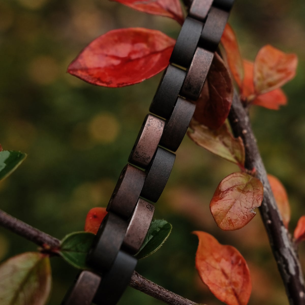"Rondo" bracelet with maple and antique copper elements, showcased against autumn leaves for a rustic style.
