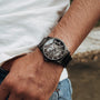 "Morasko", a stylish watch with a maple and dark gray finish, showcasing an elegant and contemporary design.