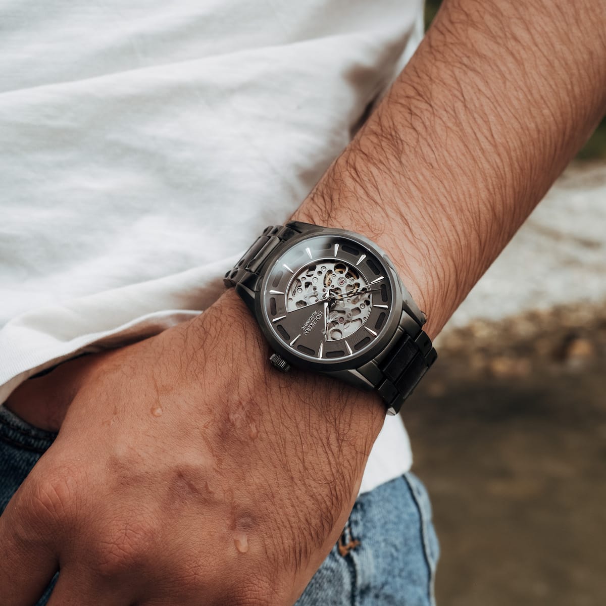 "Morasko", a stylish watch with a maple and dark gray finish, showcasing an elegant and contemporary design.